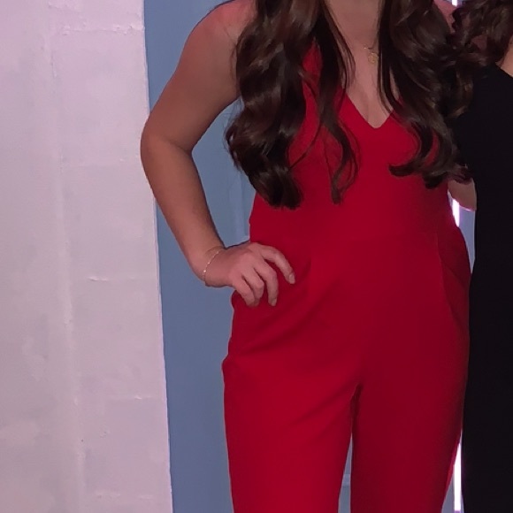 Express Deep V Red Jumpsuit - Picture 3 of 7